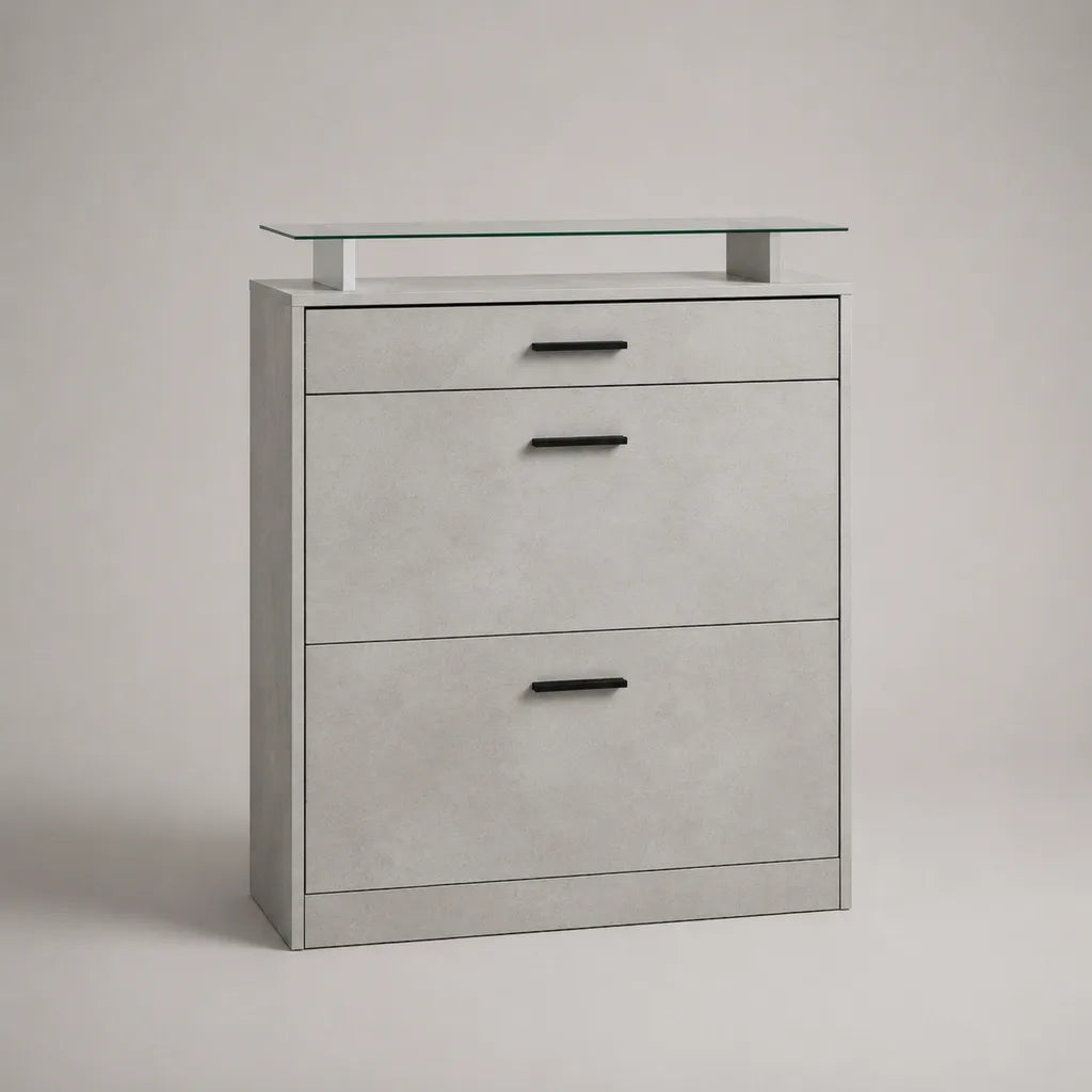 Schuhschrank aus Spanplatte mit 2 Kippfächern, Schublade und Glasablage, Betongrau, 89 × 104 × 24 cm