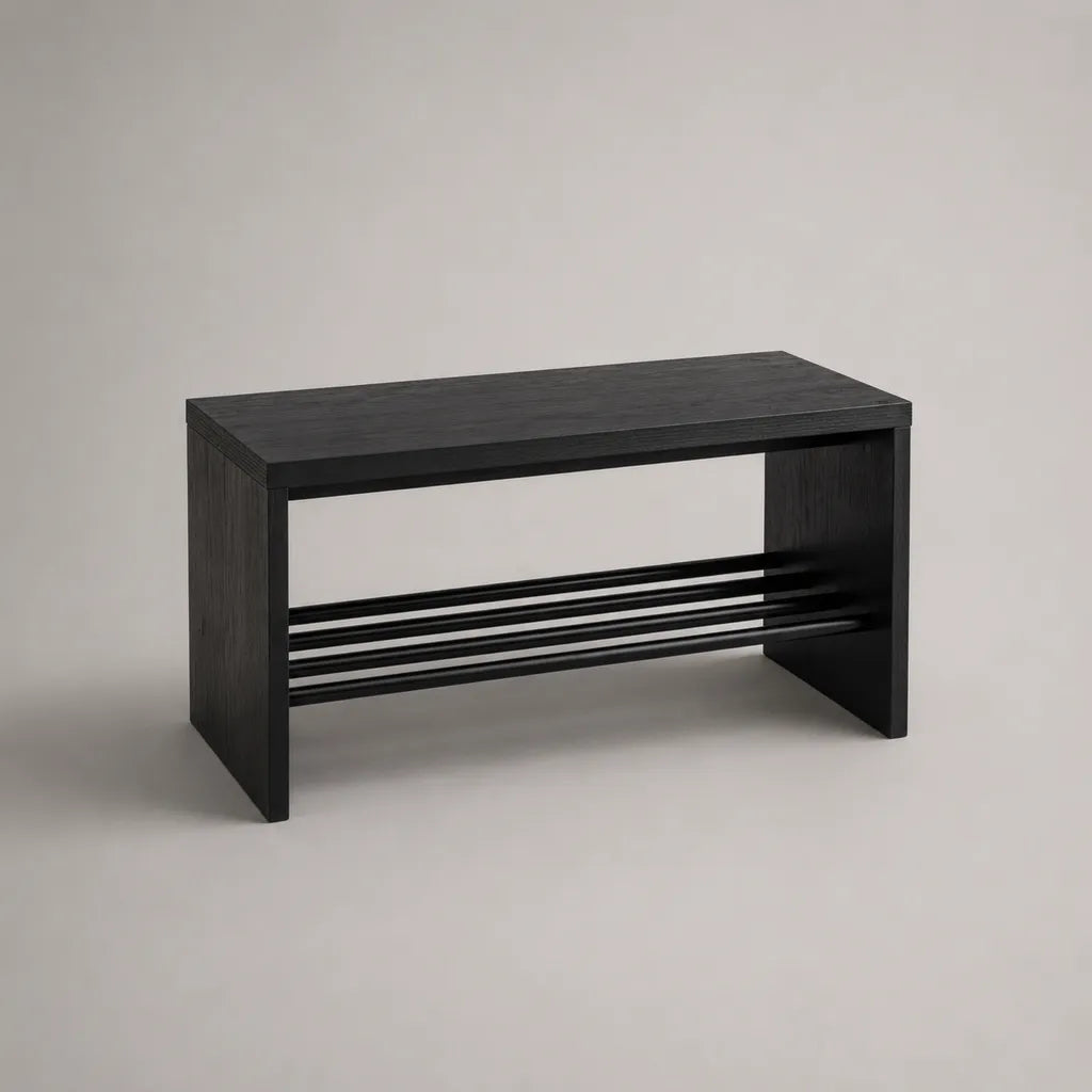 Schuhbank mit Schuhregal aus Bambus und pulverbeschichtetem Stahl, Schwarz, 70 × 28 × 45 cm