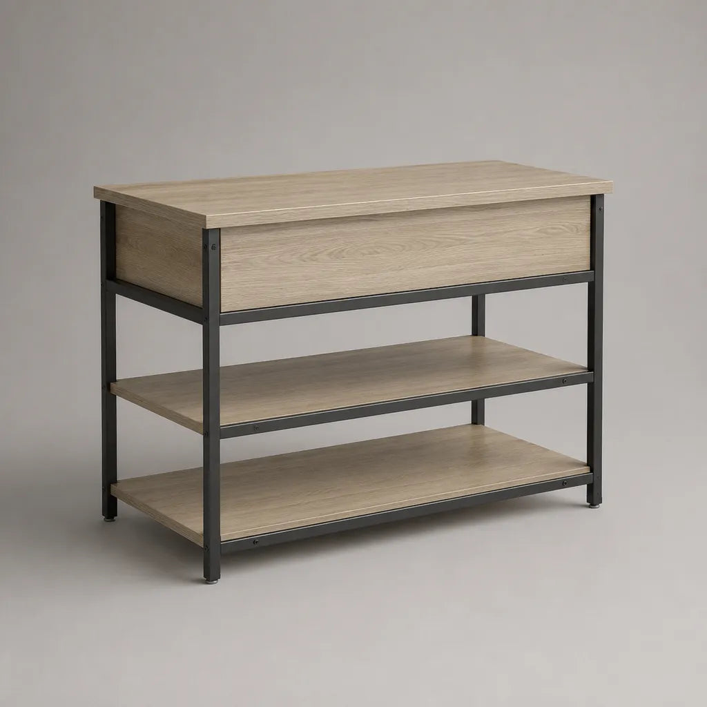 Schuhschrank aus melaminbeschichteter Spanplatte und Stahl mit Klappfach und 2 offenen Ablagen, Eichefarben/Schwarz, 100 × 35 × 80 cm