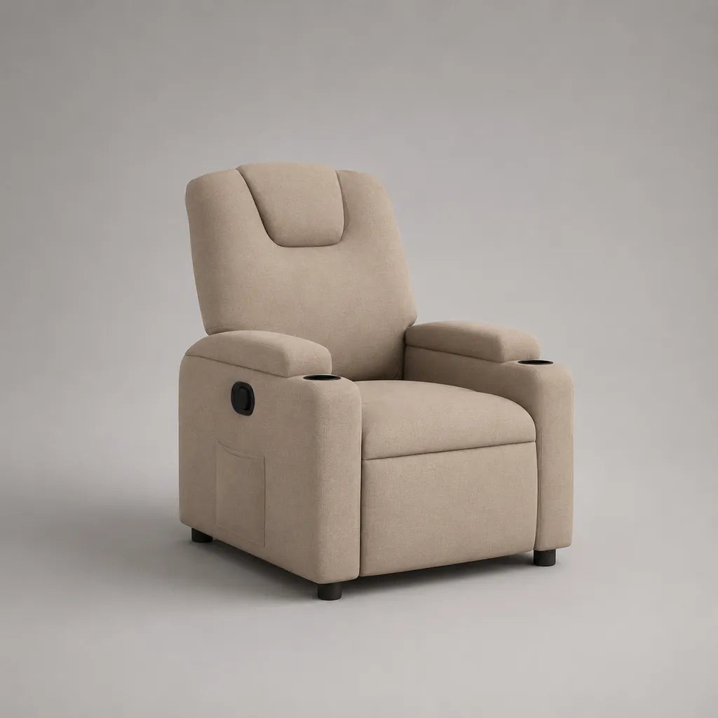 Relaxsessel mit manueller Liegefunktion, Polyesterbezug, 2 Getränkehalter, Beige/Schwarz, 92 × 95 × 105 cm