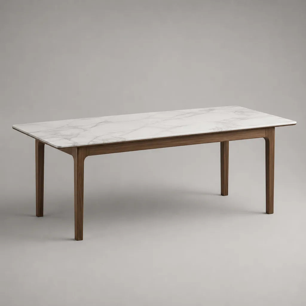 Rechteckiger Esstisch mit marmorierter Keramikplatte und Massivholzgestell, Weiß/Braun, 160 × 80 × 75 cm