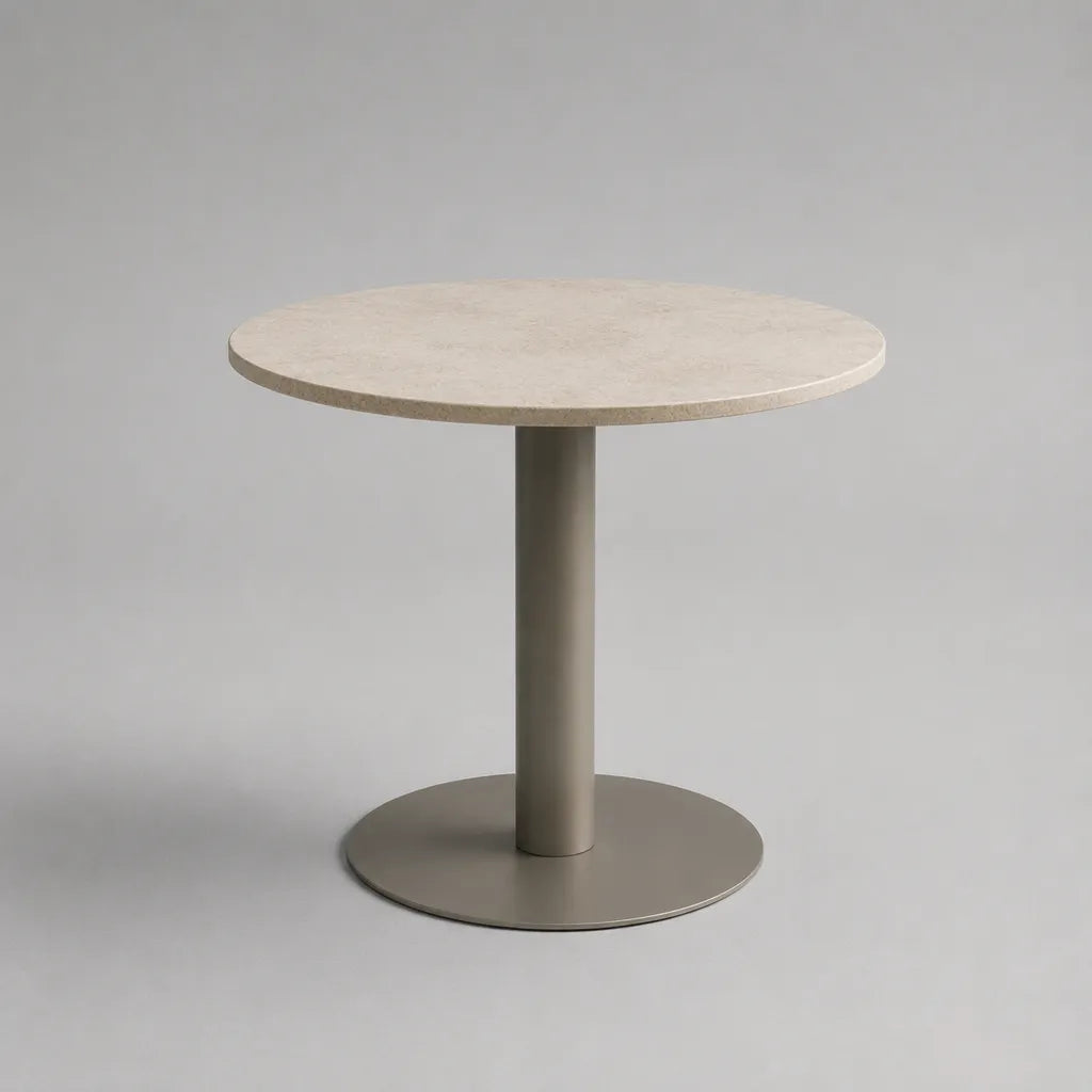 Runder Esstisch Ø 90 × 75 cm mit MDF-Tischplatte in Travertinoptik und Stahlgestell, Beige/Taupe