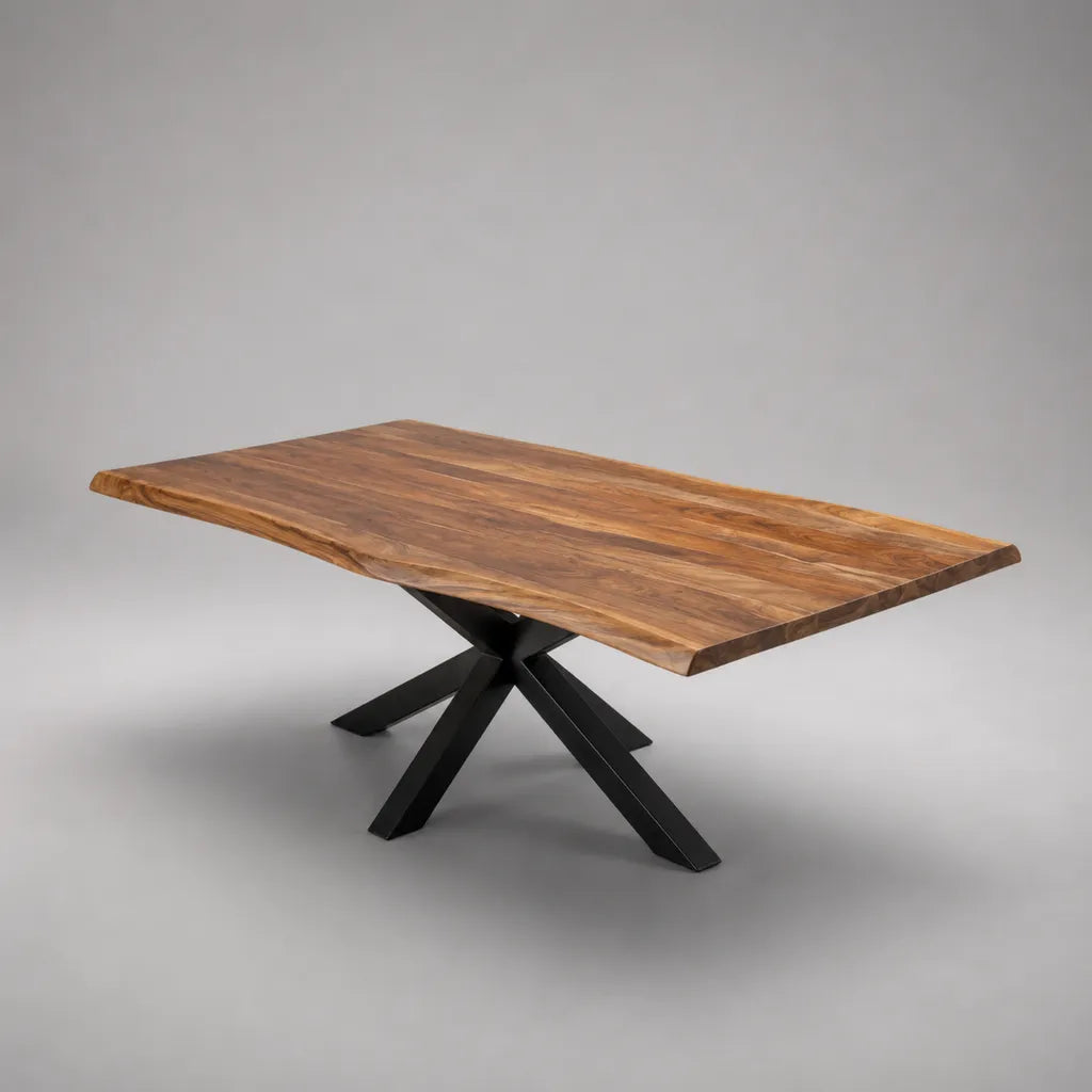 Rechteckiger Esstisch aus massivem Akazienholz mit Baumkante und schwarzem Stahlgestell, Braun/Schwarz, 200 × 100 × 76 cm