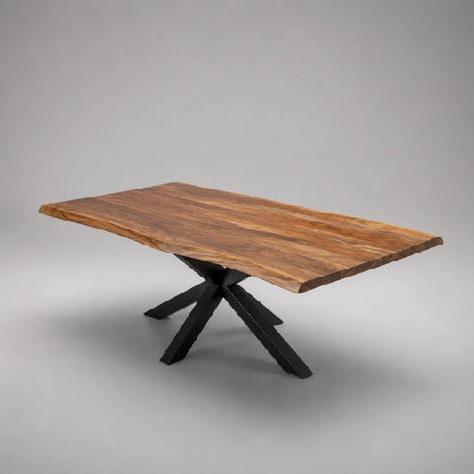 Rechteckiger Esstisch aus massivem Akazienholz mit Baumkante und schwarzem Stahlgestell, Braun/Schwarz, 200 × 100 × 76 cm