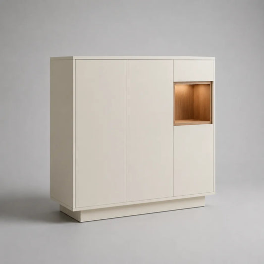 Schuhschrank mit 4 Türen und beleuchteter Nische aus MDF und Spanplatte, Weiß/Eichefarben, 120 × 35 × 120 cm