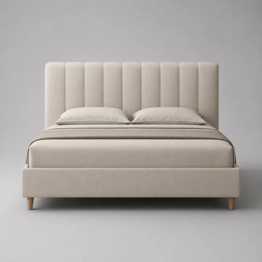 Polsterbett Doppelbett mit vertikal gepolstertem Kopfteil, Polyesterbezug und Massivholzfüßen, Beige, 160 × 200 cm