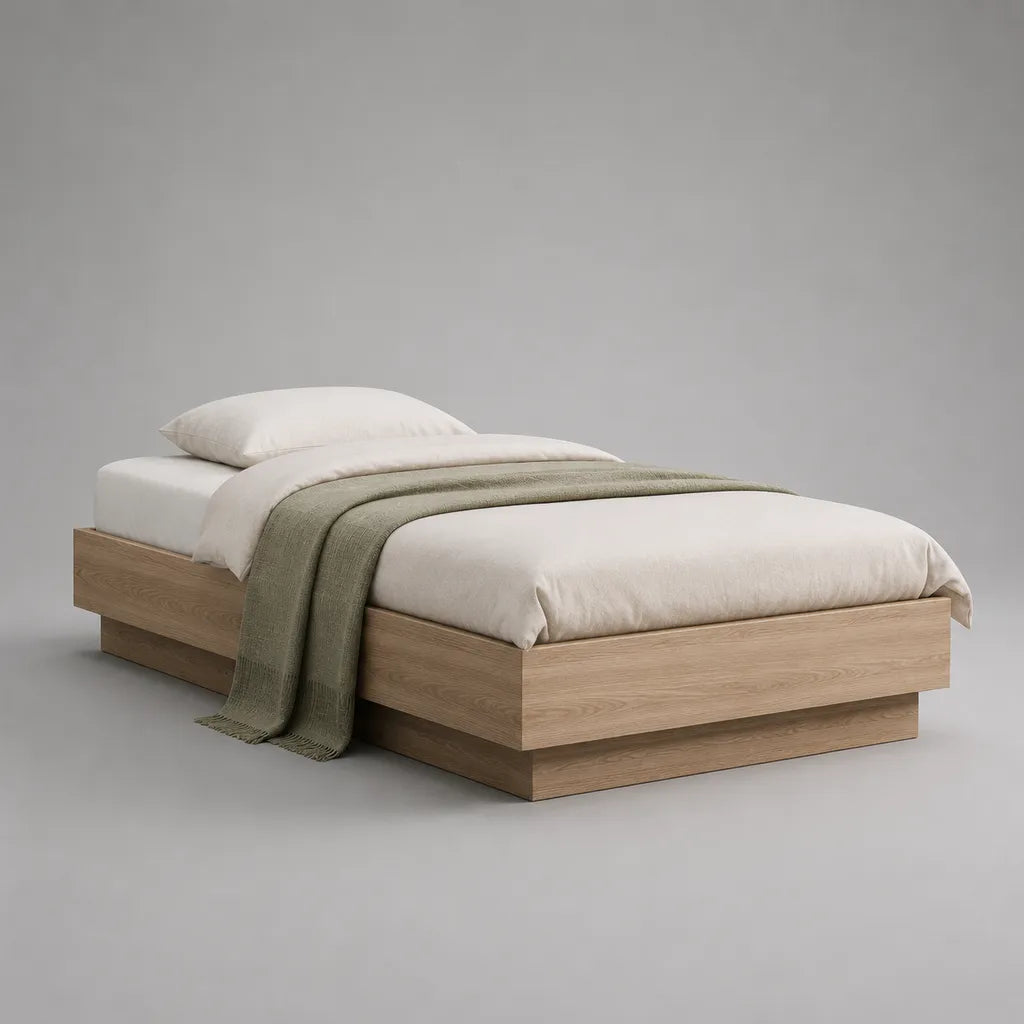 Bettgestell 140 × 200 cm, Plattformbett aus Spanplatte mit Eichedekor, Naturbraun
