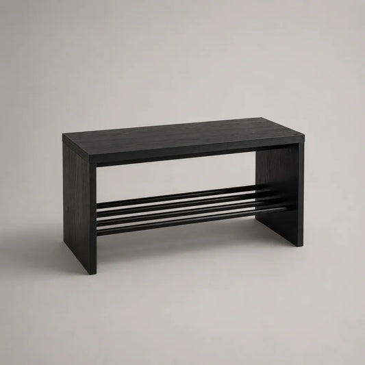 Schuhbank mit Schuhregal aus Bambus und pulverbeschichtetem Stahl, Schwarz, 70 × 28 × 45 cm