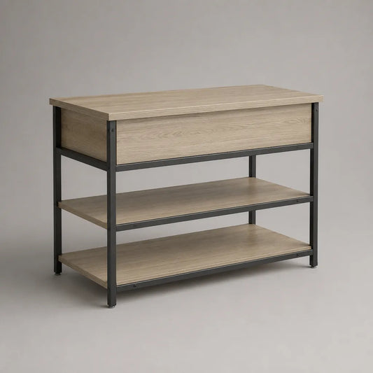 Schuhschrank aus melaminbeschichteter Spanplatte und Stahl mit Klappfach und 2 offenen Ablagen, Eichefarben/Schwarz, 100 × 35 × 80 cm