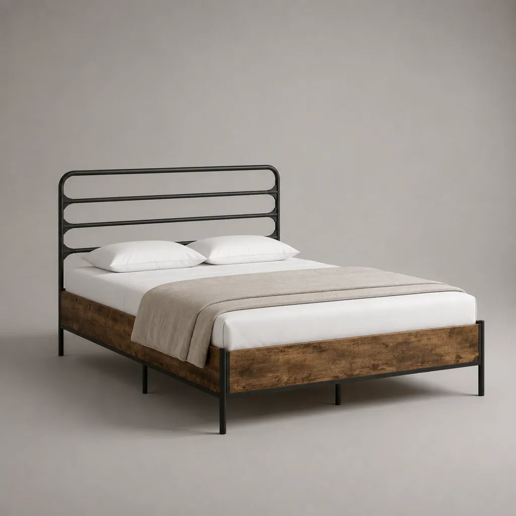 Doppelbettgestell 160 × 200 cm aus Stahl und Spanplatte, Braun und Schwarz