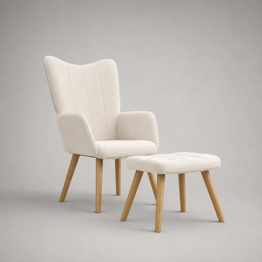 Ohrensessel mit Hocker, 2-teilig, Stoff und Holz, Creme/Natur, Sessel 72 × 78 × 105 cm, Hocker 60 × 45 × 42 cm