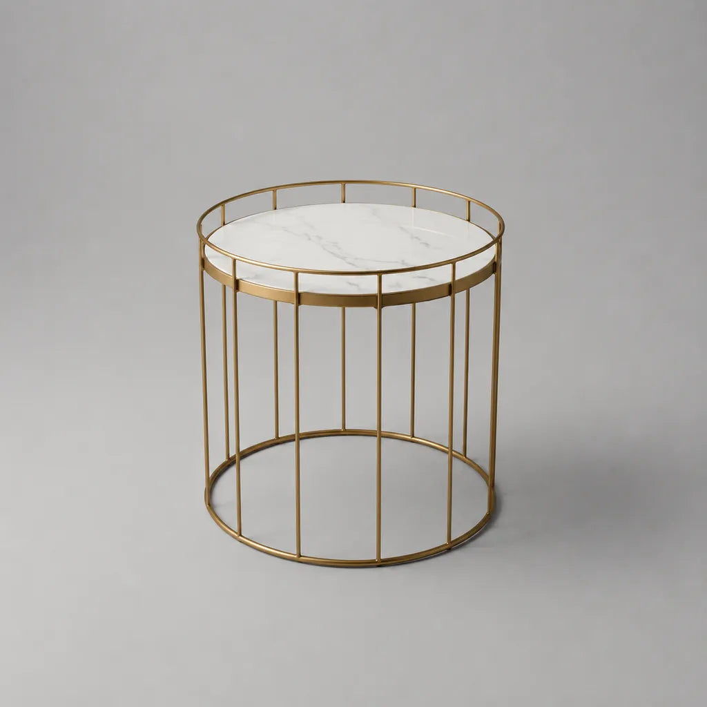 Runder Beistelltisch mit MDF-Tischplatte in Marmoroptik und Stahlgestell, Gold/Weiß/Grau, Ø 50 × H 55 cm