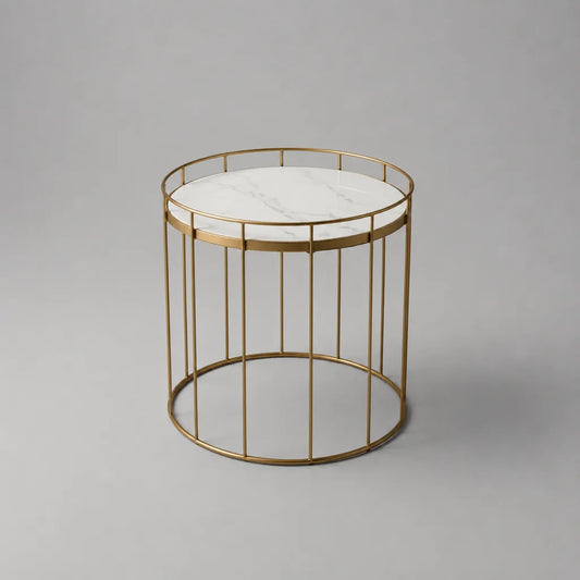 Runder Beistelltisch mit MDF-Tischplatte in Marmoroptik und Stahlgestell, Gold/Weiß/Grau, Ø 50 × H 55 cm