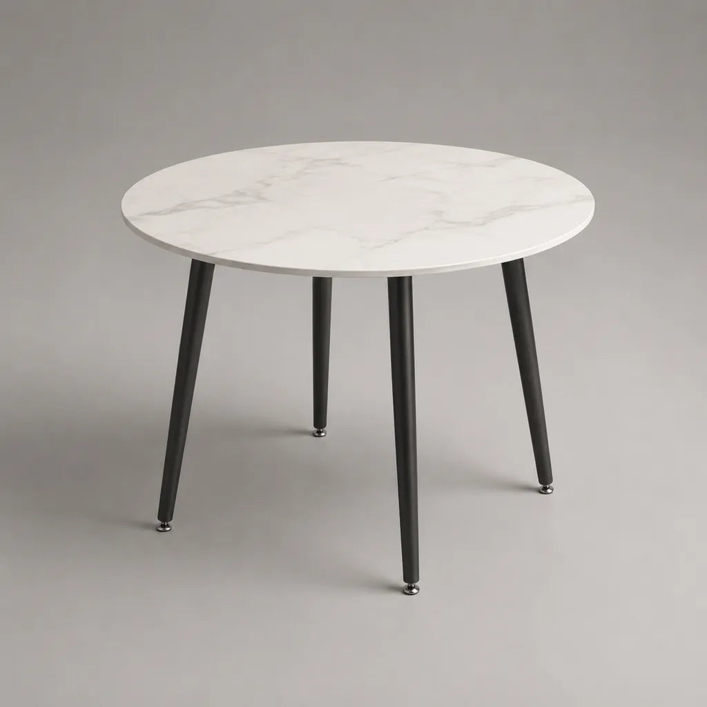 Runder Esstisch aus MDF und Stahl, Marmoroptik in Weiß-Grau mit schwarzen Beinen, Ø 100 × H 75 cm