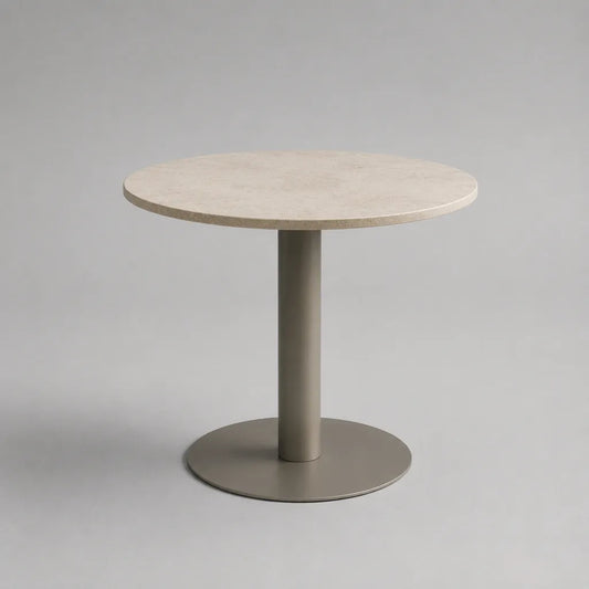 Runder Esstisch Ø 90 × 75 cm mit MDF-Tischplatte in Travertinoptik und Stahlgestell, Beige/Taupe
