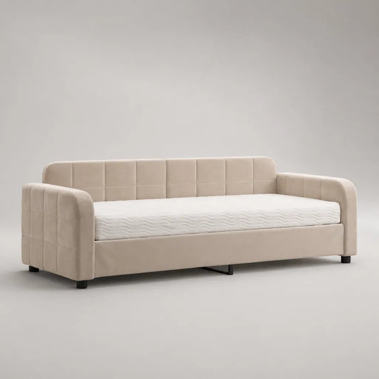 Tagesbett mit Matratze, gepolstertes Bett aus Polyester-Samtstoff, Beige, 218 × 105 × 85 cm, Liegefläche 90 × 200 cm